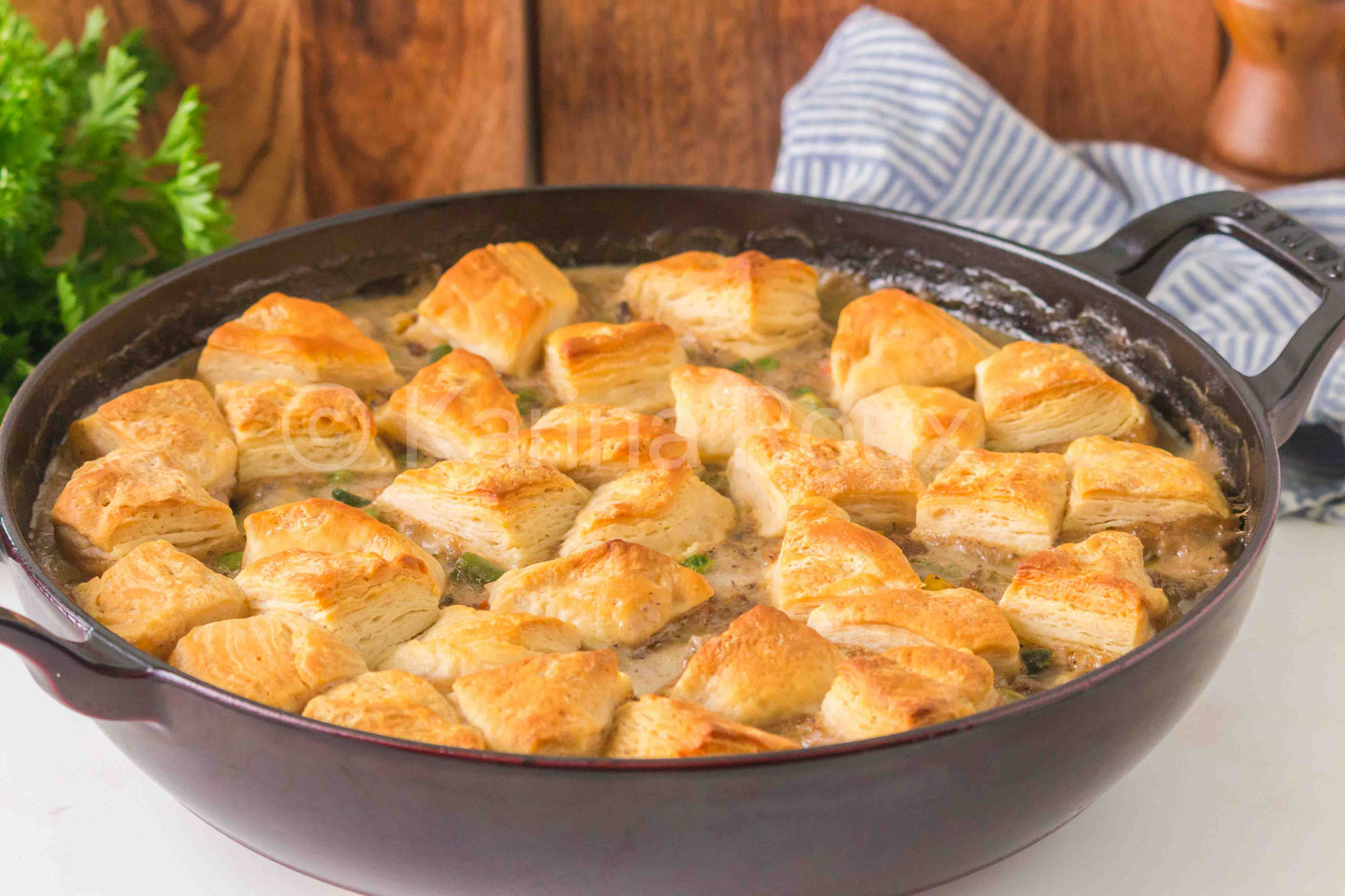 Ground beef pot pie with biscuits