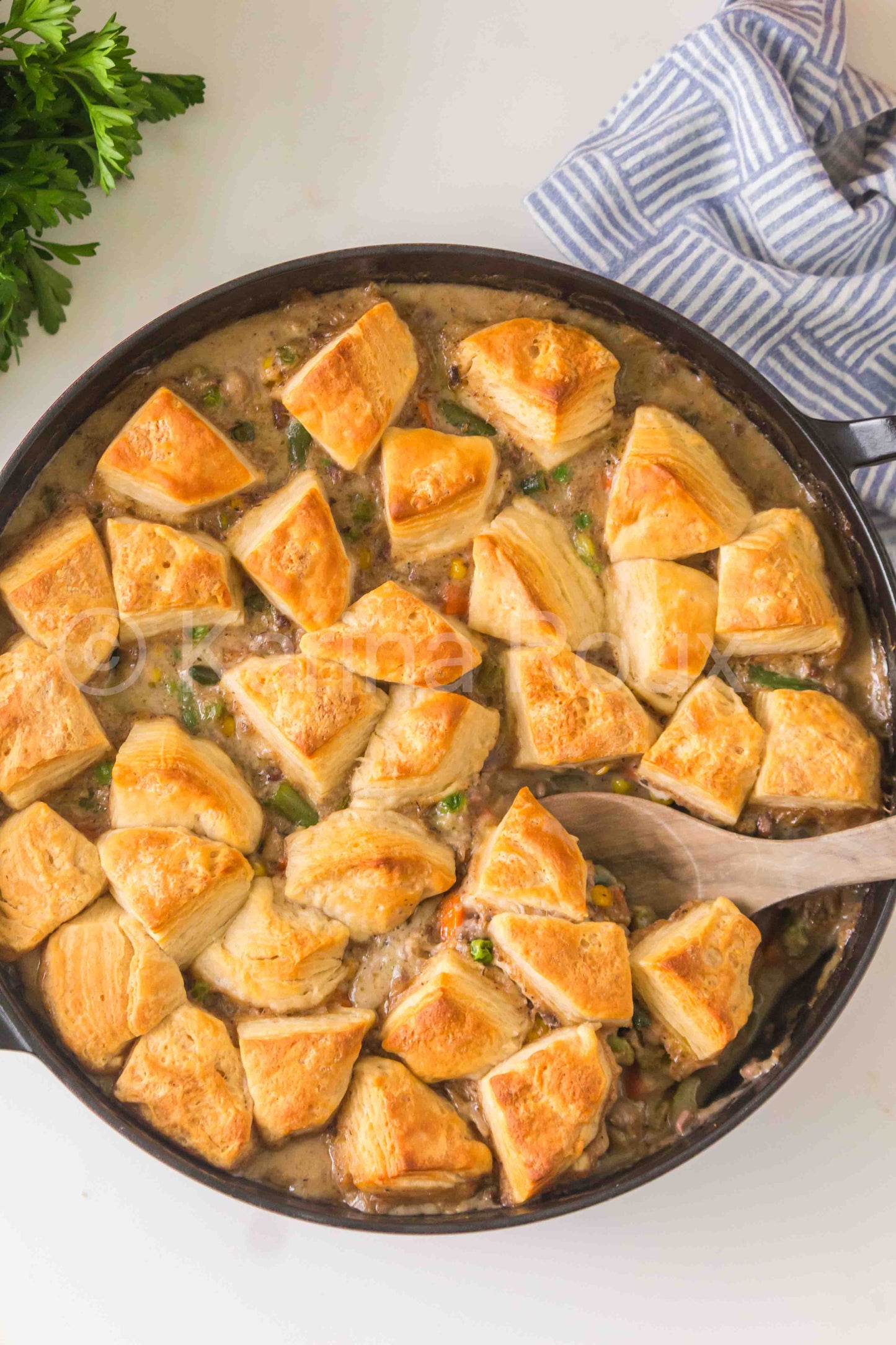 Ground beef pot pie with biscuits