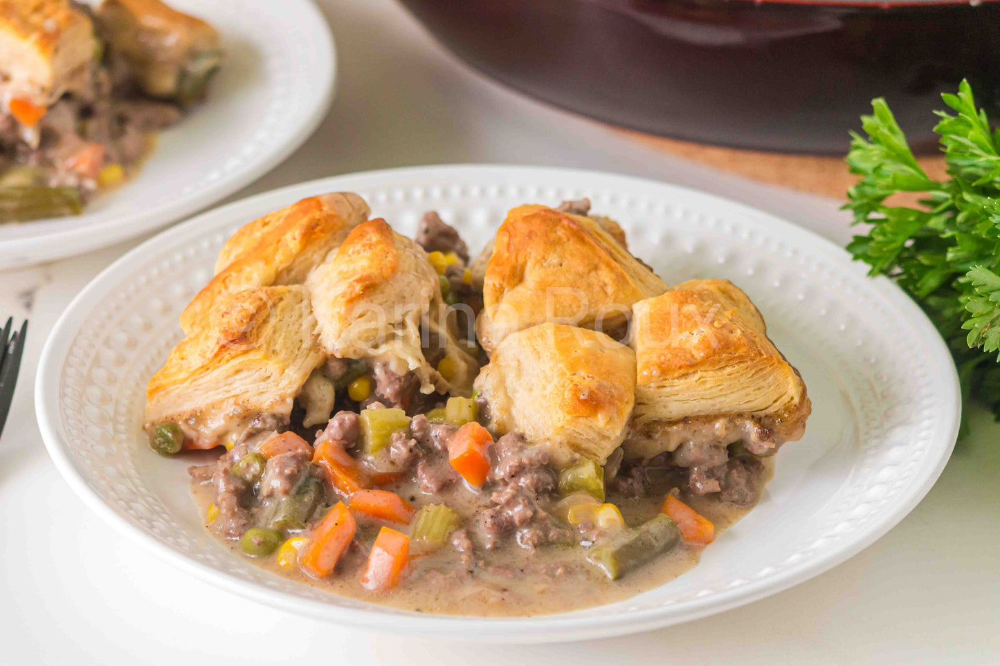 Ground beef pot pie with biscuits