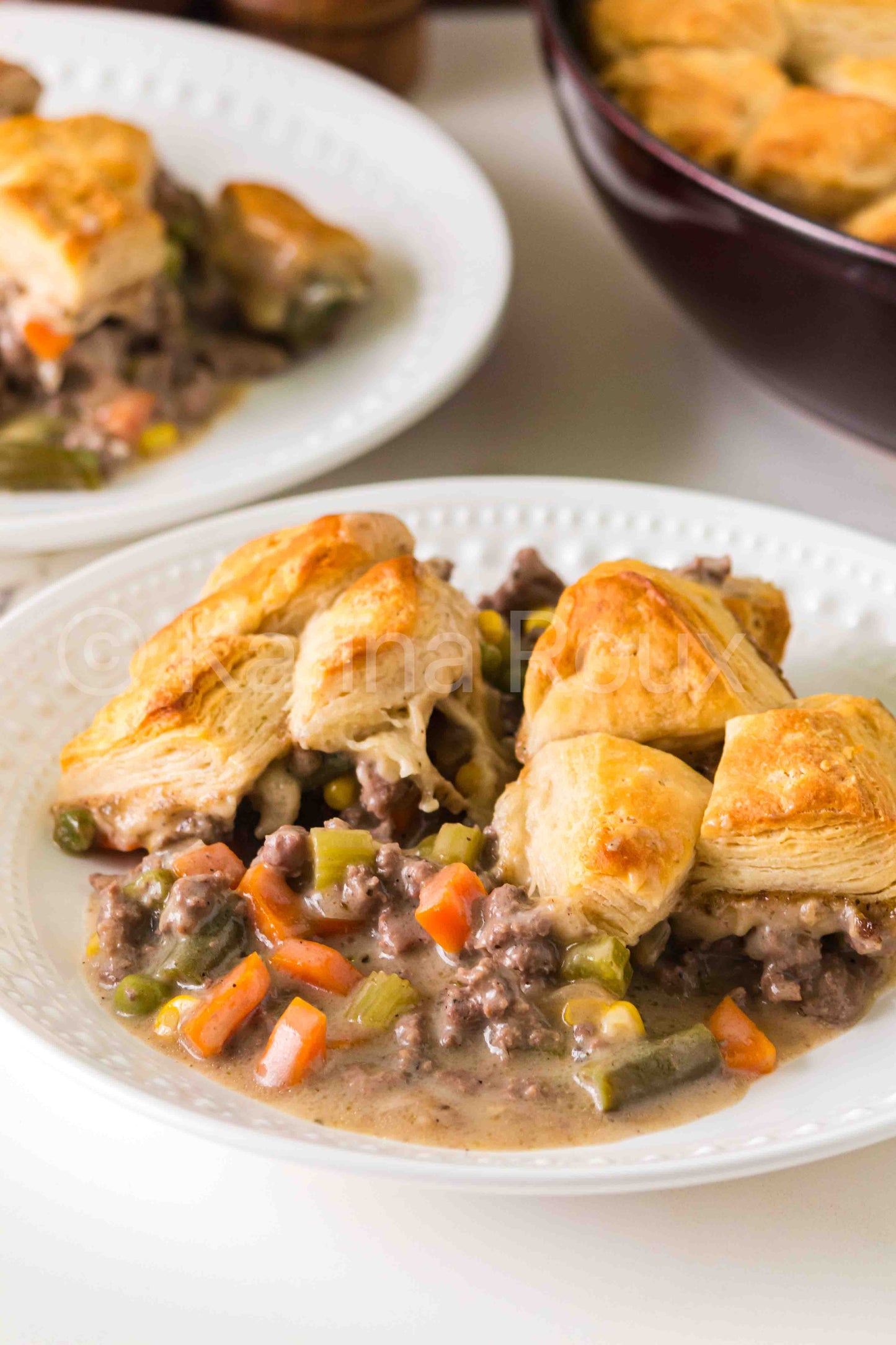 Ground beef pot pie with biscuits