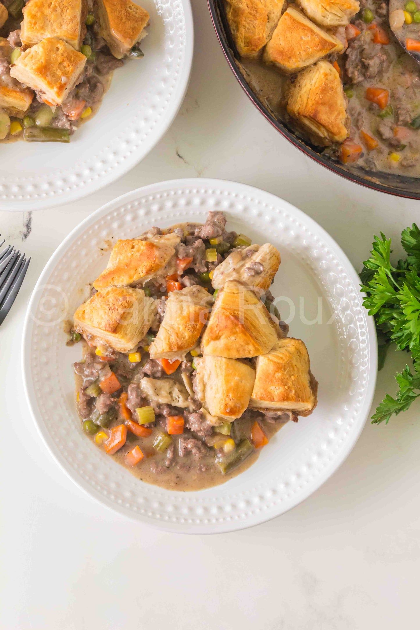 Ground beef pot pie with biscuits